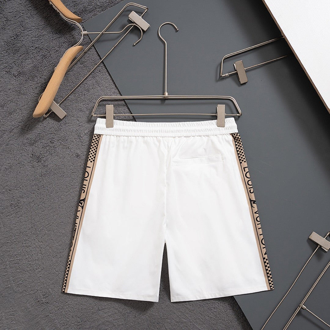 LV Inspired Men's Quick-Dry Beach Shorts with Logo Tape Side Stripes
