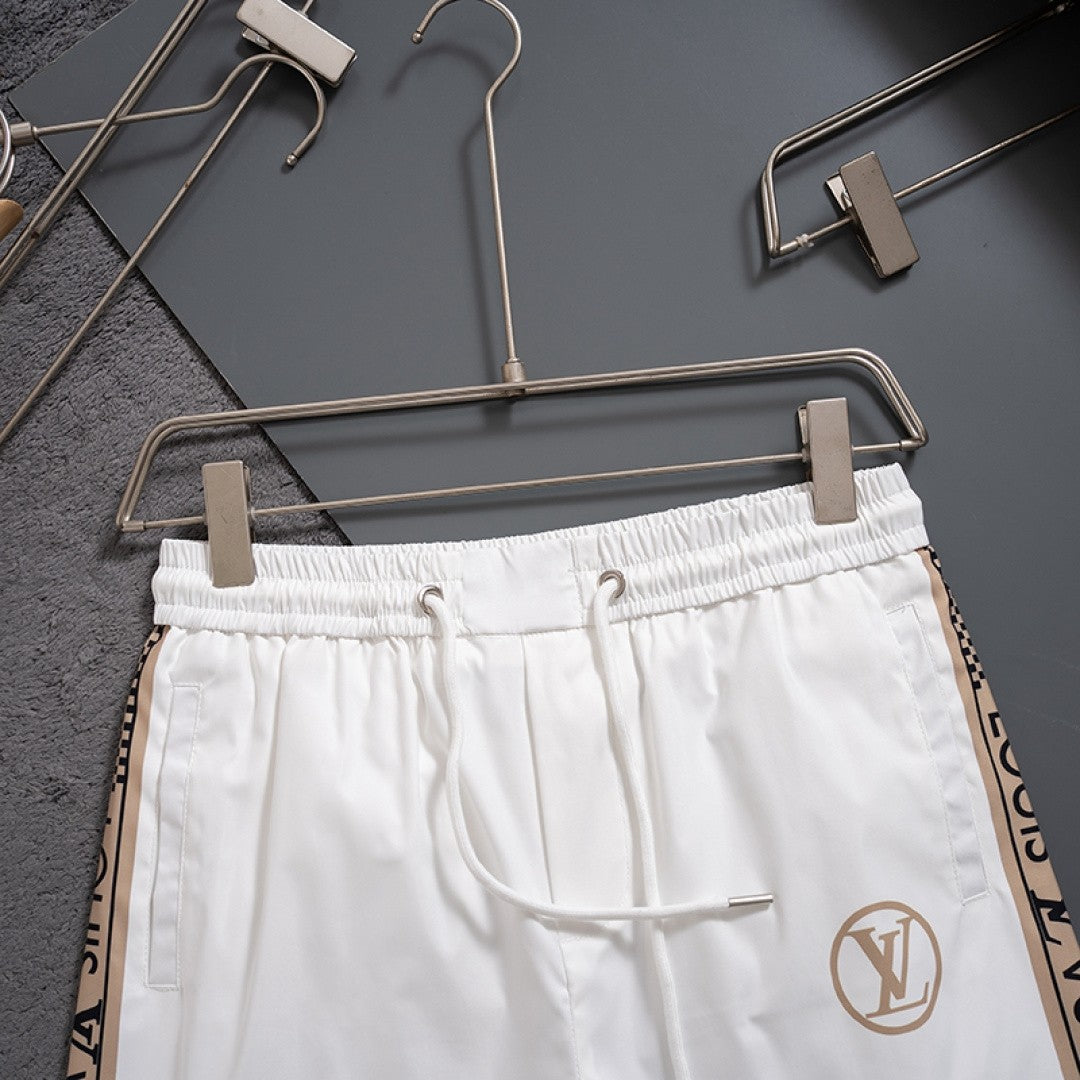 LV Inspired Men's Quick-Dry Beach Shorts with Logo Tape Side Stripes