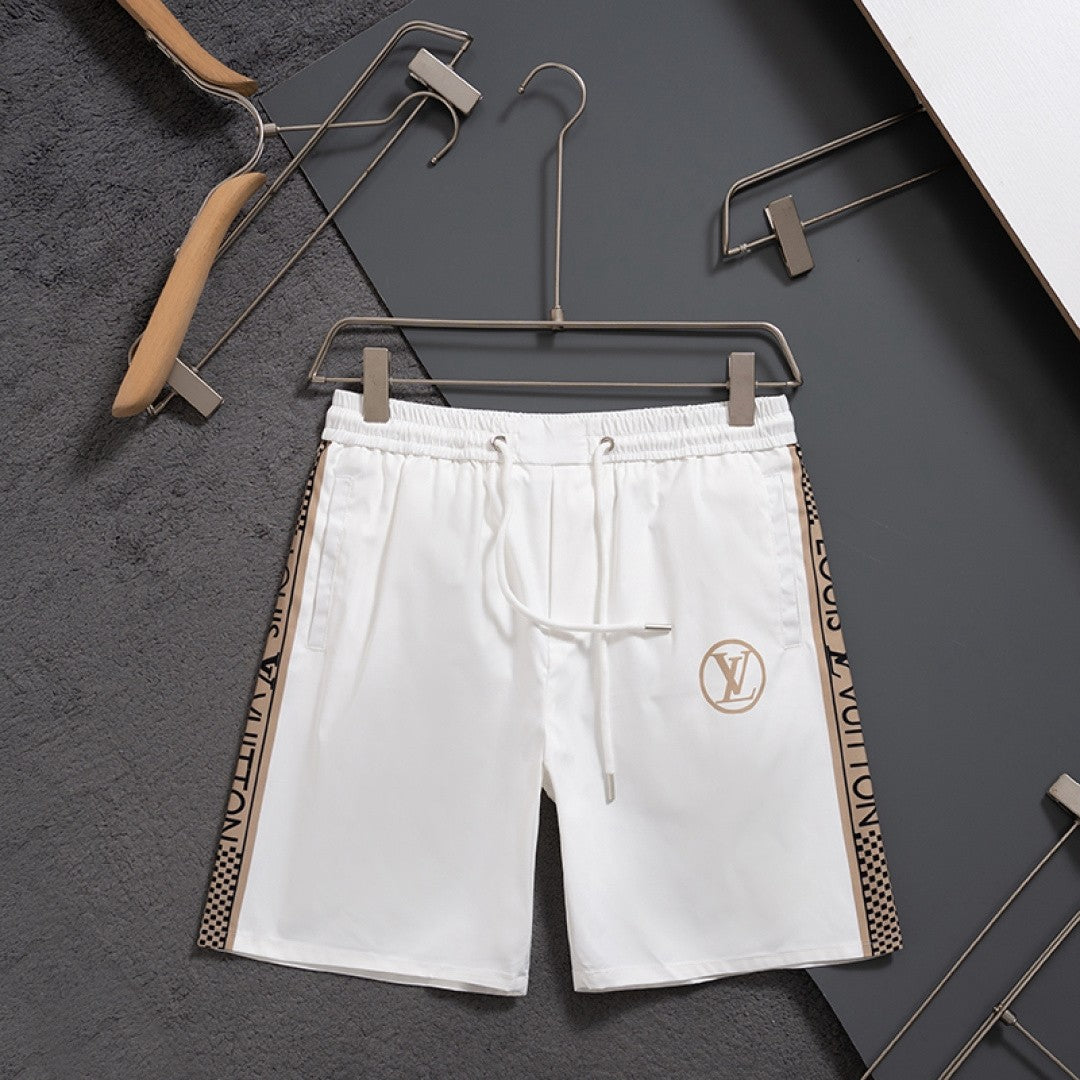 LV Inspired Men's Quick-Dry Beach Shorts with Logo Tape Side Stripes