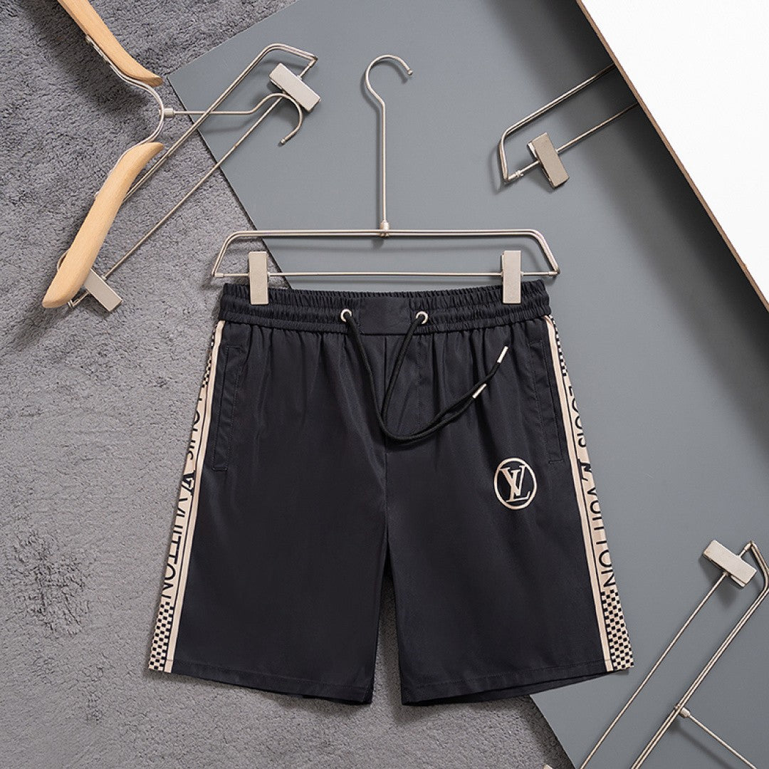 LV Inspired Men's Quick-Dry Beach Shorts with Logo Tape Side Stripes