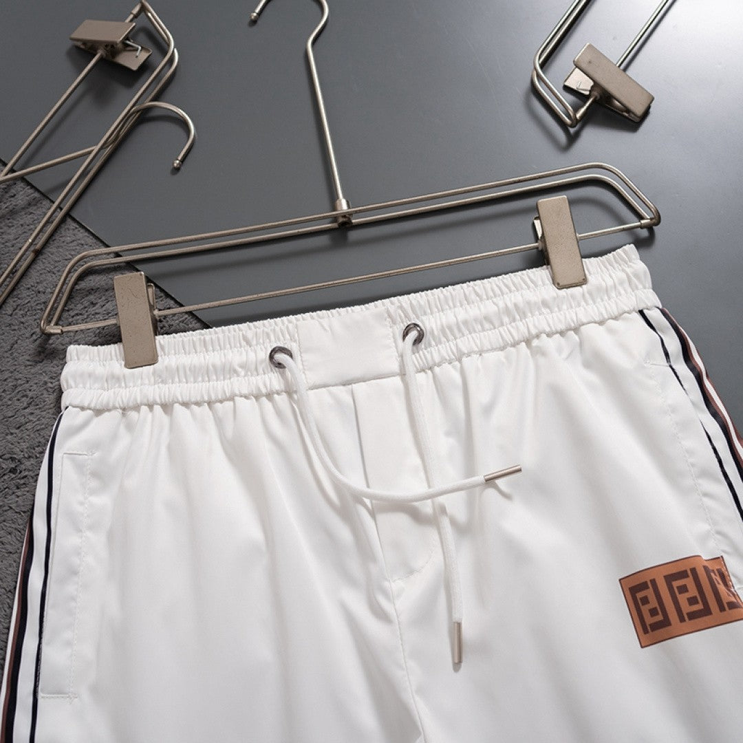 Fendi Inspired Men's Quick-Dry Beach Shorts with FF Logo Tape Side Stripes