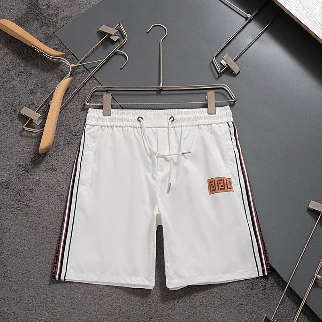 Fendi Inspired Men's Quick-Dry Beach Shorts with FF Logo Tape Side Stripes