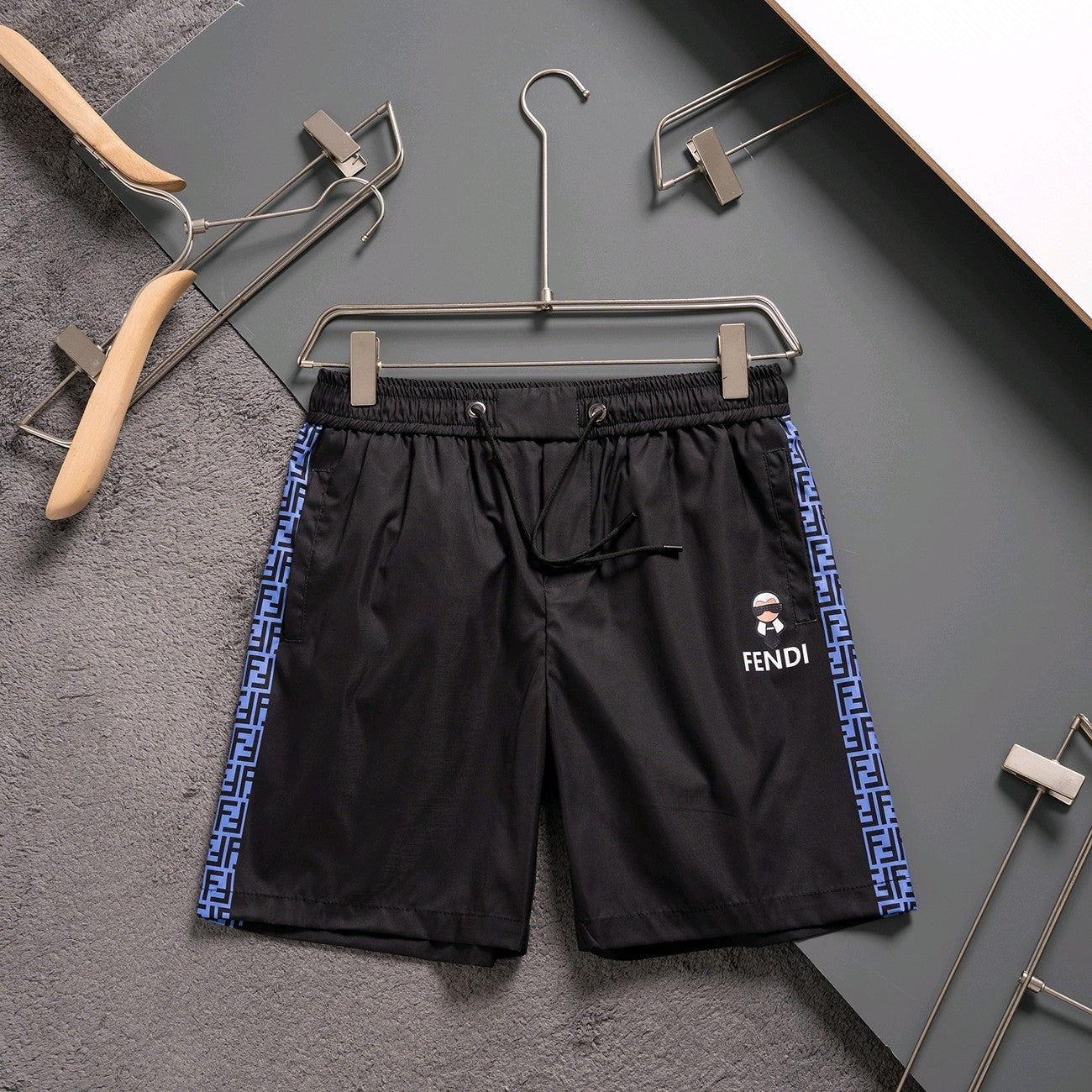 Fendi Inspired Men's FF Logo Tape Side Stripes Quick-Dry Beach Shorts