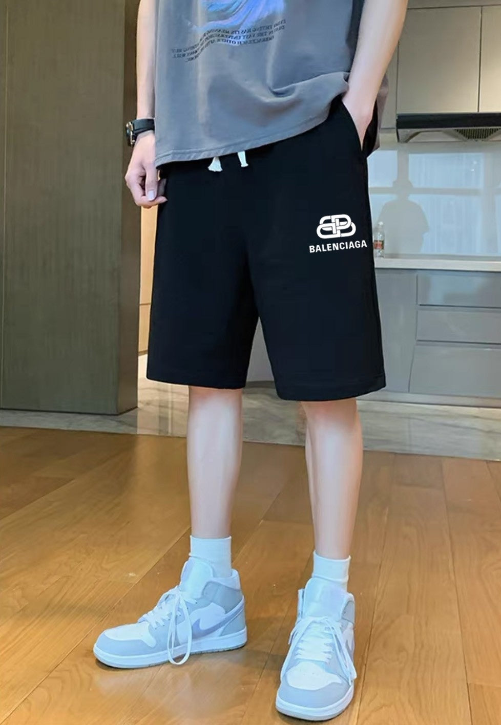 Balenciaga Inspired Cotton Sweat Shorts, Black & Grey