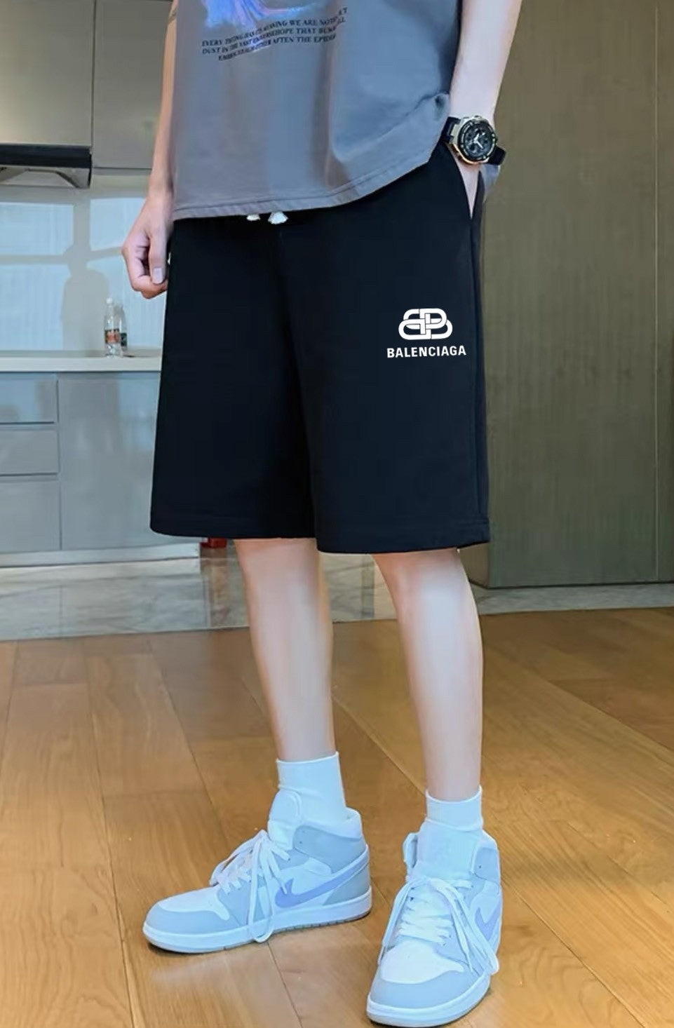 Balenciaga Inspired Cotton Sweat Shorts, Black & Grey