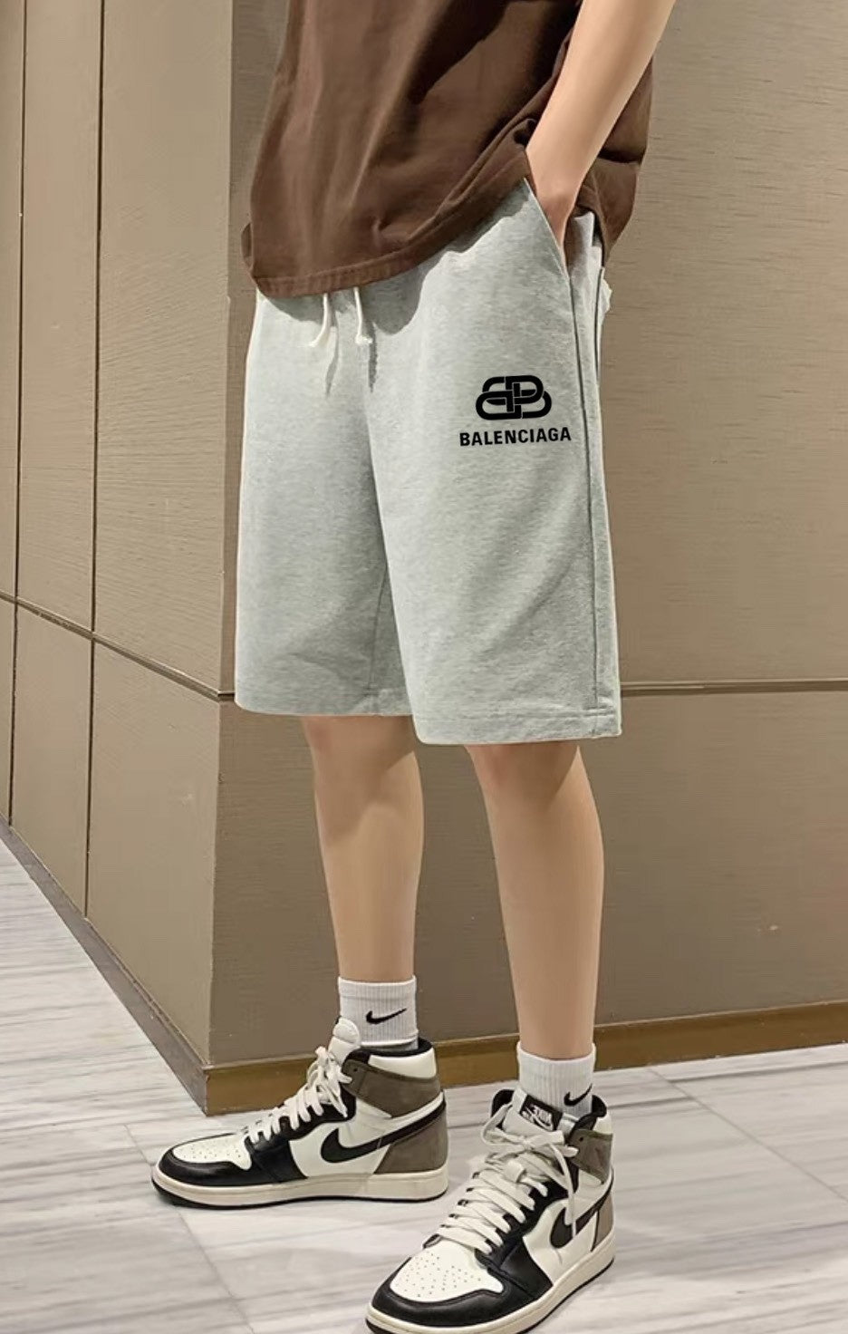 Balenciaga Inspired Cotton Sweat Shorts, Black & Grey