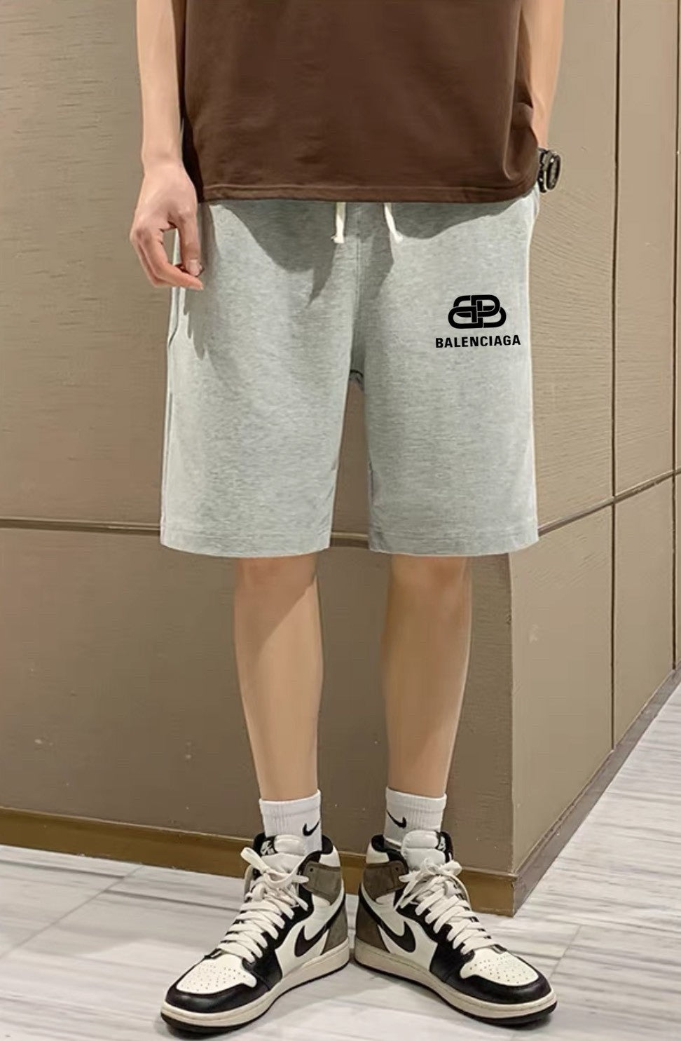 Balenciaga Inspired Cotton Sweat Shorts, Black & Grey
